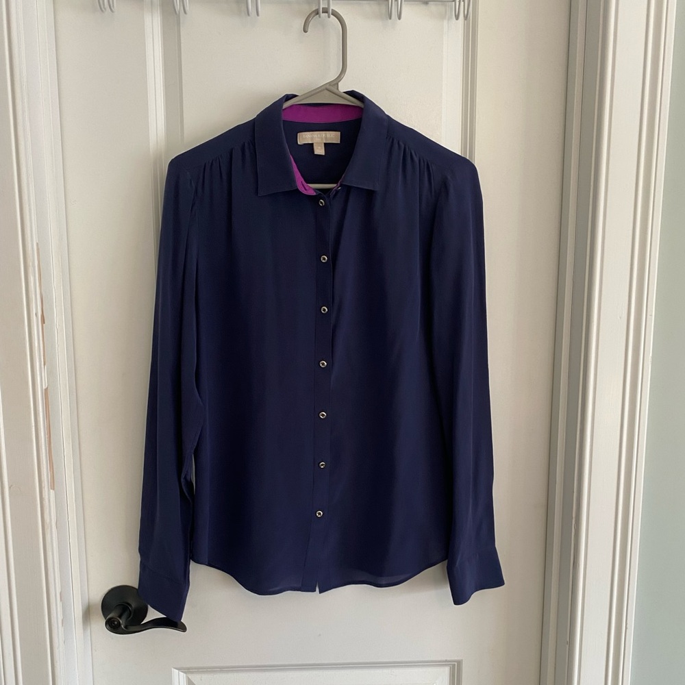 Banana Republic Deep Blue Silk Button Up Ling Sleeve Blouse